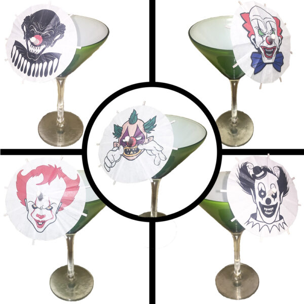 Scary Clowns Cocktail Umbrellas in Glasses
