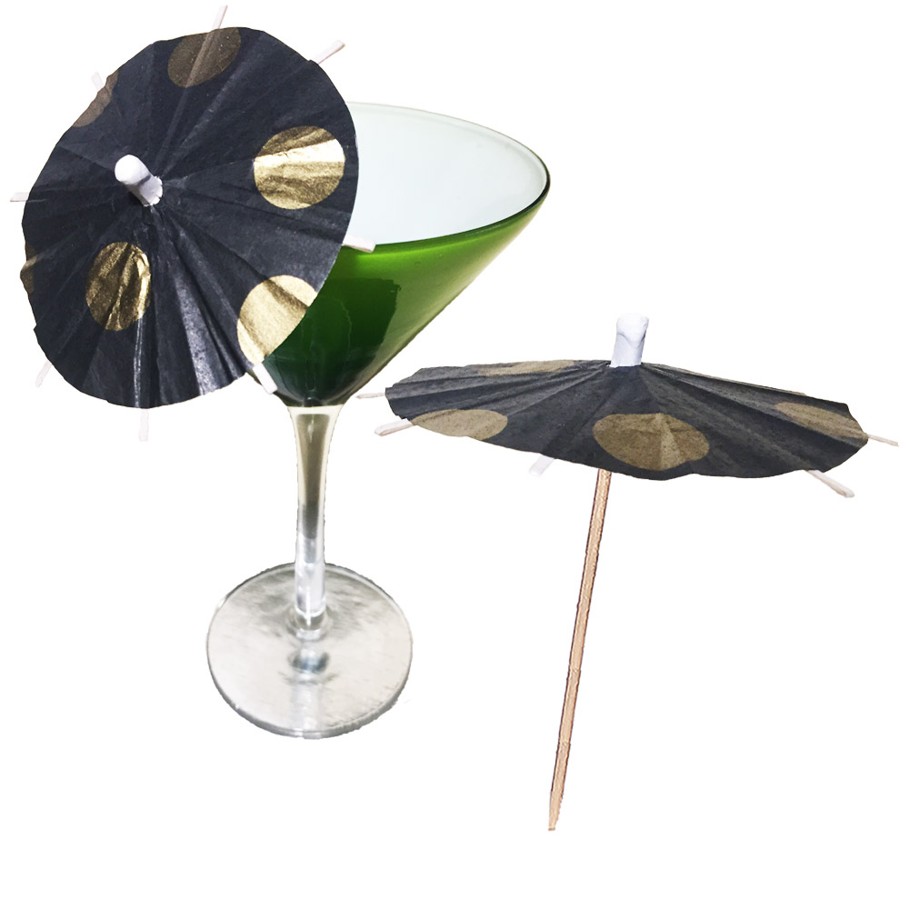 Black With Large Gold Polka Dots Cocktail Umbrellas