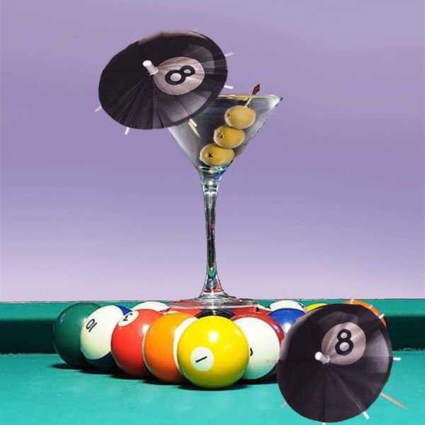 Billiard 8-Ball Cocktail Umbrellas on Pool Table