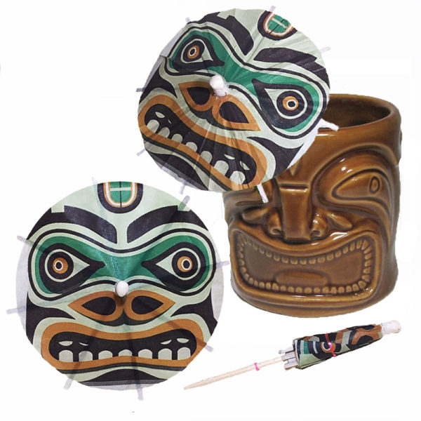 Totem Mask Cocktail Umbrellas in Tiki Mug