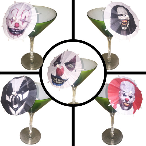 Creepy Clowns Cocktail Umbrellas in Glasses